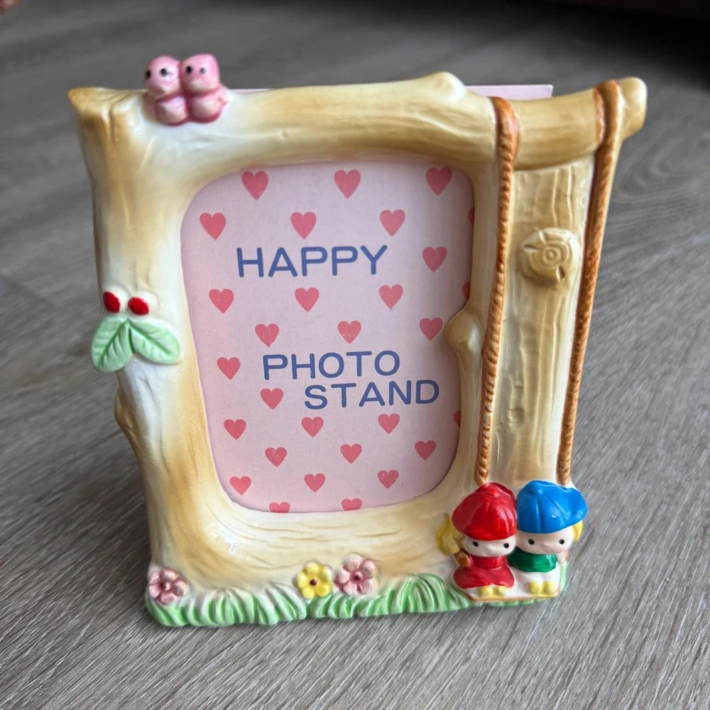 Vintage Ceramic Woodland Tree Trunk Photo Frame Children on Swing Pink Birds
